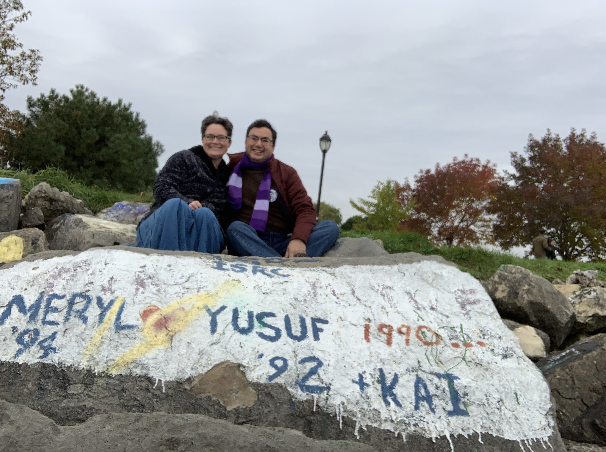 The two of us sitting on the painted Rock in Evanston on an autumn day.