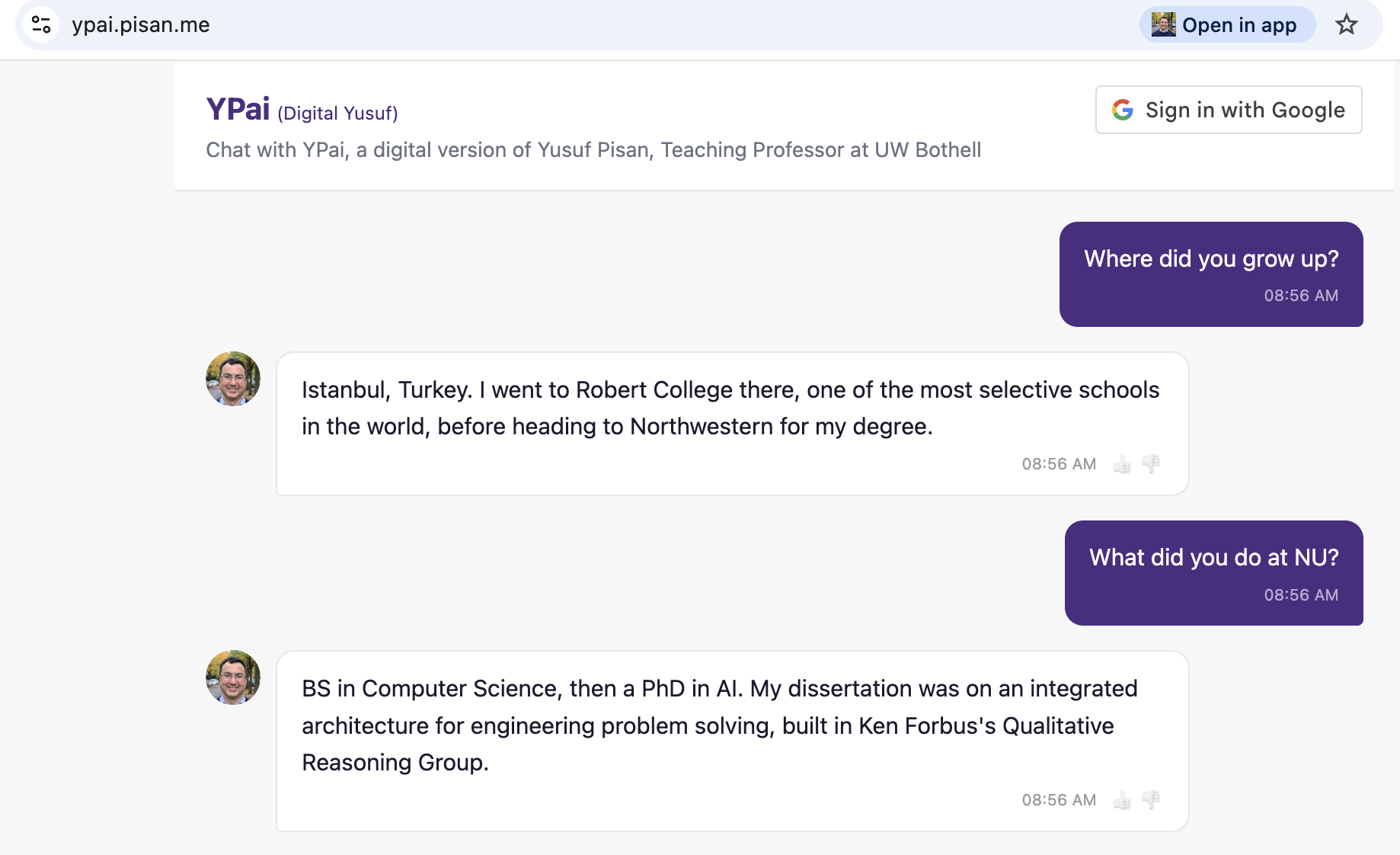 YPai answering where it grew up and what it studied at Northwestern.