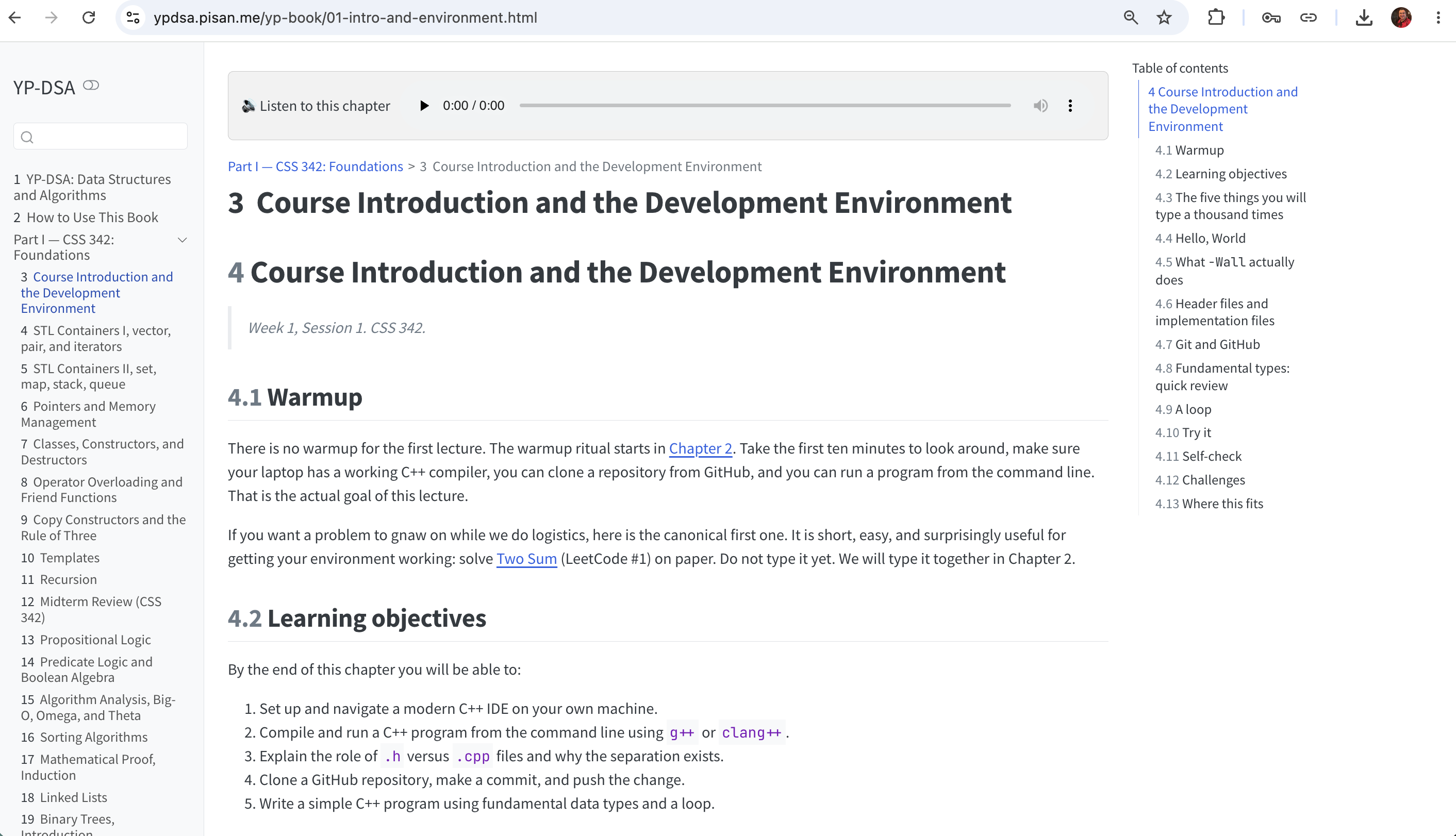 The YP-DSA book: a chapter on the development environment with a table of contents and an audio player.