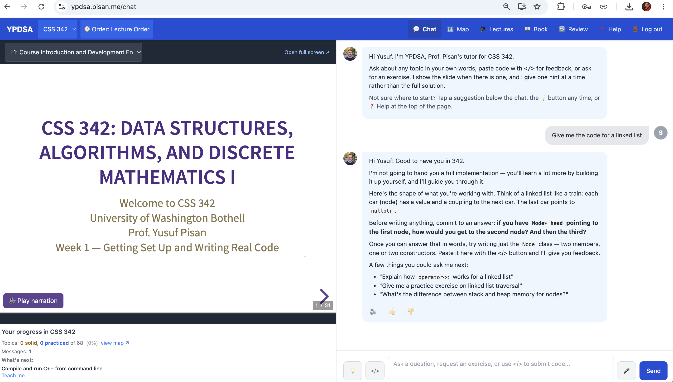 The chat: a student asks for linked-list code and the tutor declines, then walks them through the idea.