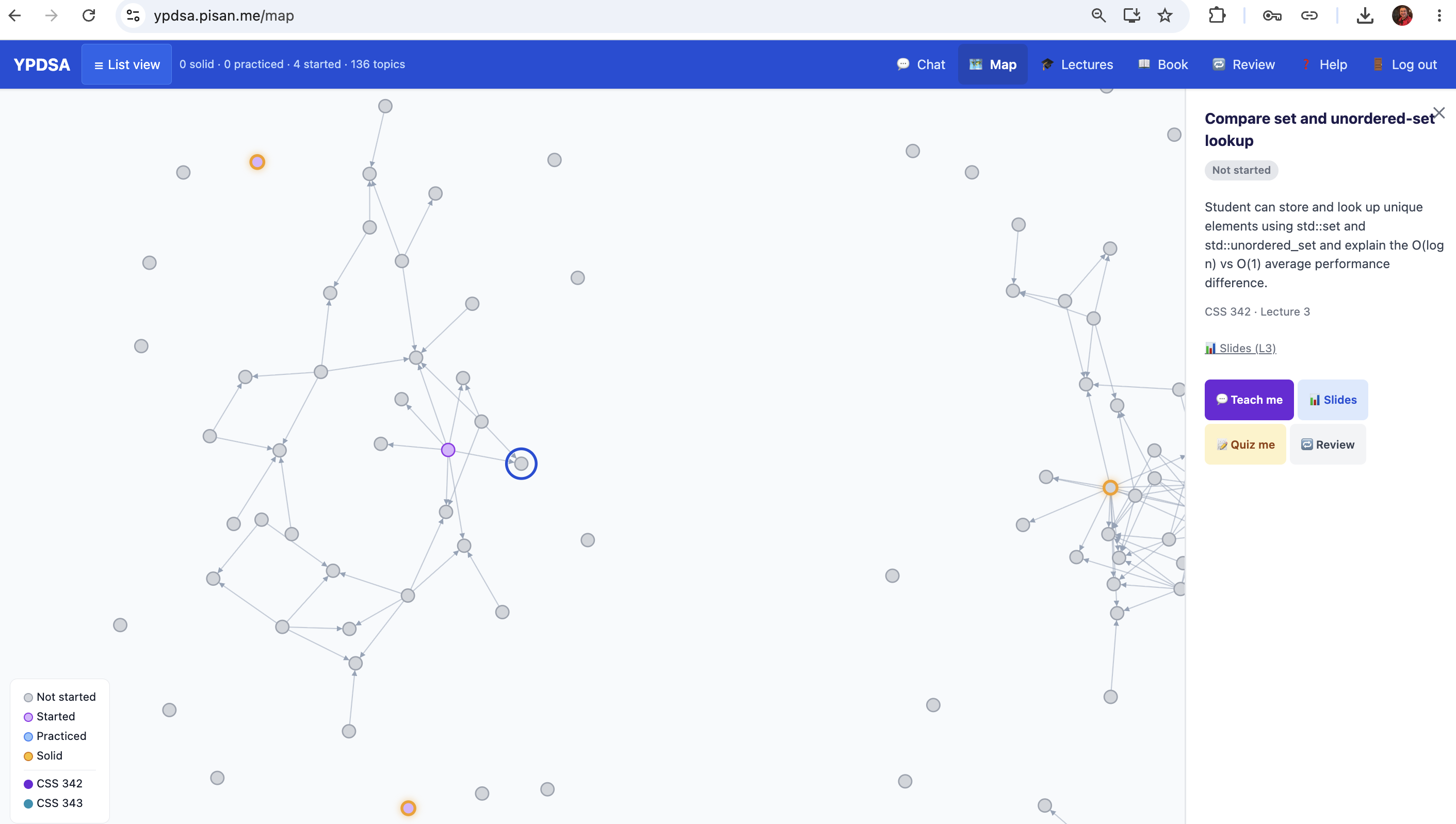 The topic map: a graph of 136 topics with prerequisite arrows, and a side panel for one topic.